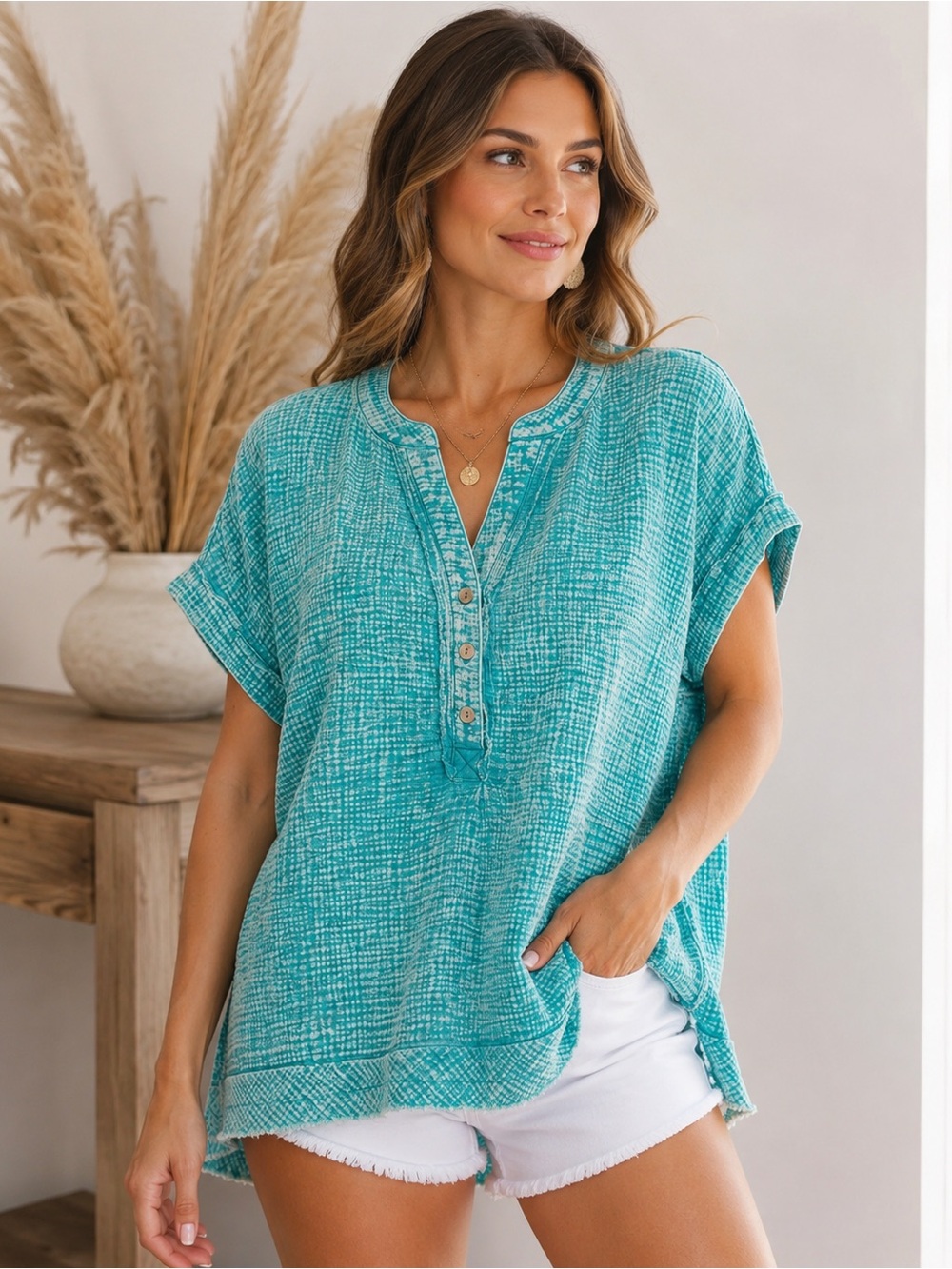 Zenana Washed Double Gauze 3/4 Button Henley Neck Shirt NWT